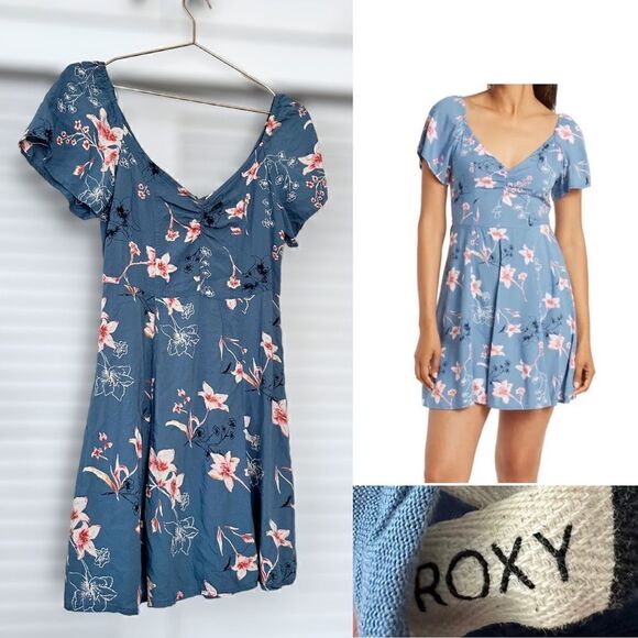 Roxy Shoulder Shimmy Sweetheart Floral Palm Print Mini Dress In Blue lSize M - Picture 1 of 16